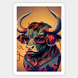 Psychedelic bull wearing headphones and sunglasses Sticker